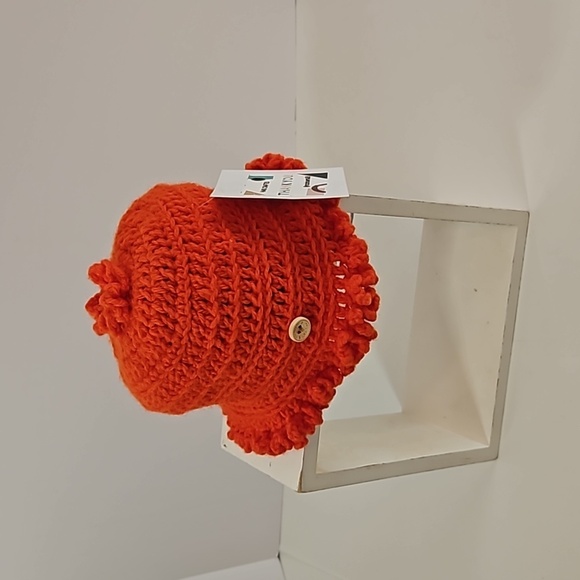 Hand Knit Crochet Bucket Hat Orange Floral Ruffle - Picture 6 of 17
